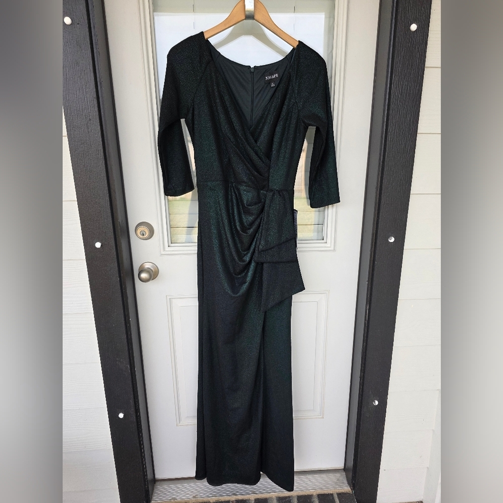 $249 XSCAPE Metallic-Threaded Gathered-Waist Dress Sz 8 Dark Green NWT - Picture 2 of 13